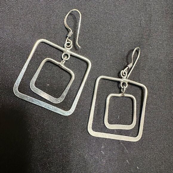 Sterling Silver Geometric Double Square Hoop Dangle Earrings - Picture 6 of 6